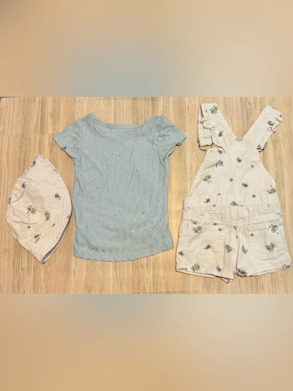 Nannette Light Blue Tee with White Floral Short Overalls and Hat